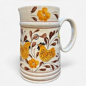 Vintage Italian Hand Painted Rooster Floral Pottery Pitcher Folk Art Style